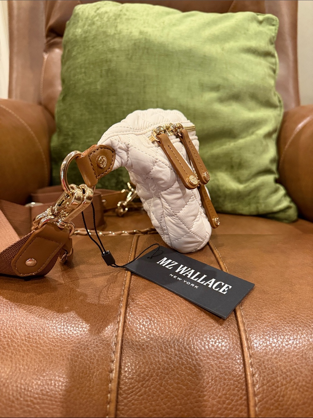 MZ Wallace Crosby Sling Bag - Cream Quilted Crossbody Belt Bag with Tan Trim - Picture 8 of 17